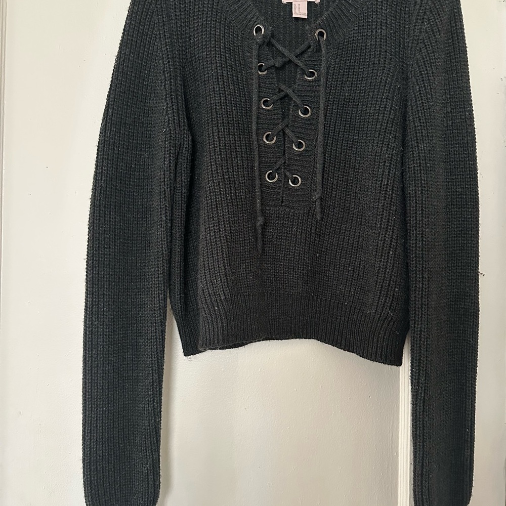 Women's Black Lace-Up Sweater